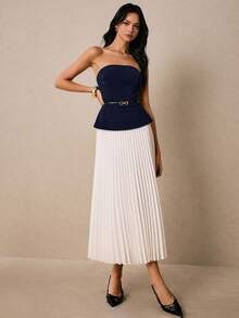 Poéselle Bộ 2 món áo quây và chân váy xếp ly kiểu dáng thường ngày dành cho nữ. - Màu xanh hải quân - Xem 5