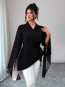 SHEIN CURVE+ 大码女式纯色雪纺透明大码袖子收腰衬衫 - 黑色 - 查看 6