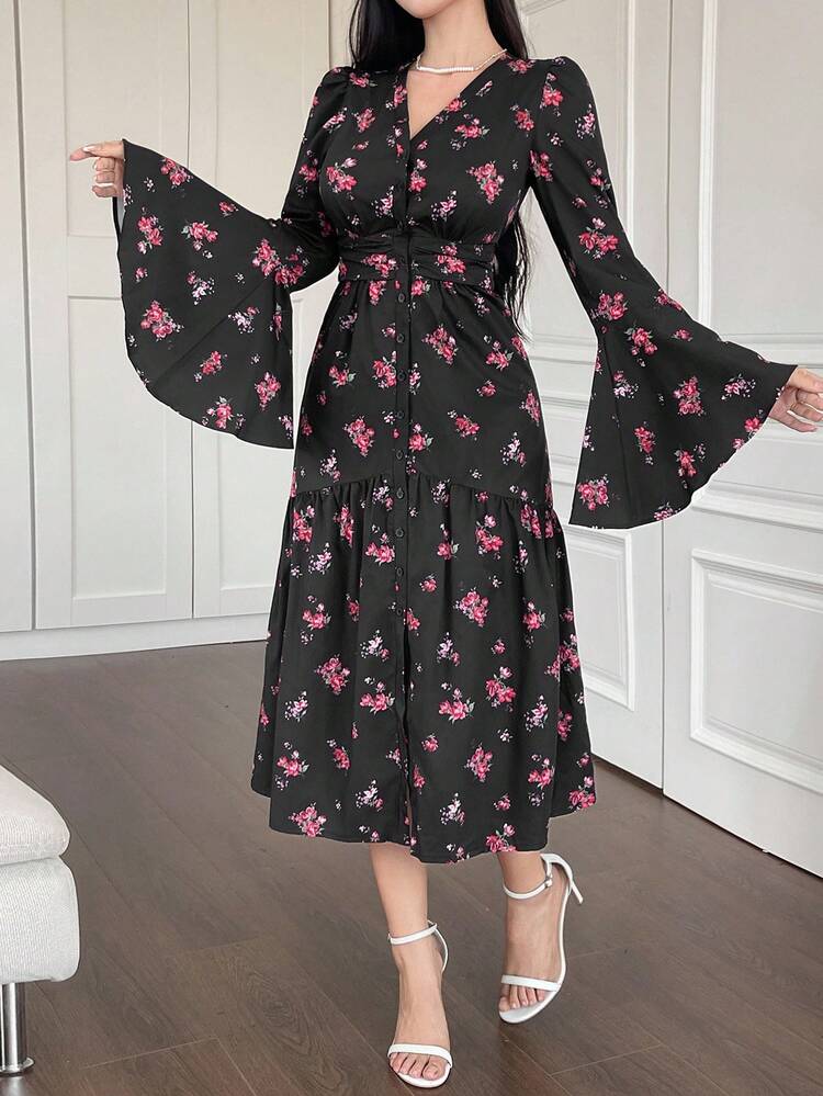 Women's Floral Print V-Neck Single-Breasted Ruffle Flare Sleeve Dress Dress Boho Vacation Outfits Women