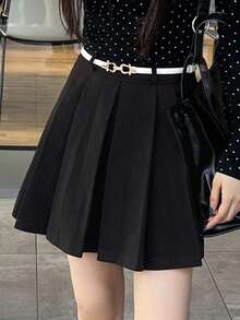 FRIFUL 女士黑色纯色褶裥短裙，百搭褶裥设计，休闲秋季款 - 黑色 - 查看 5