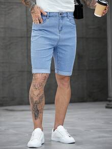 Manfinity Homme Men's Solid Color Pocket Casual Denim Shorts, Summer - Blue - View 6