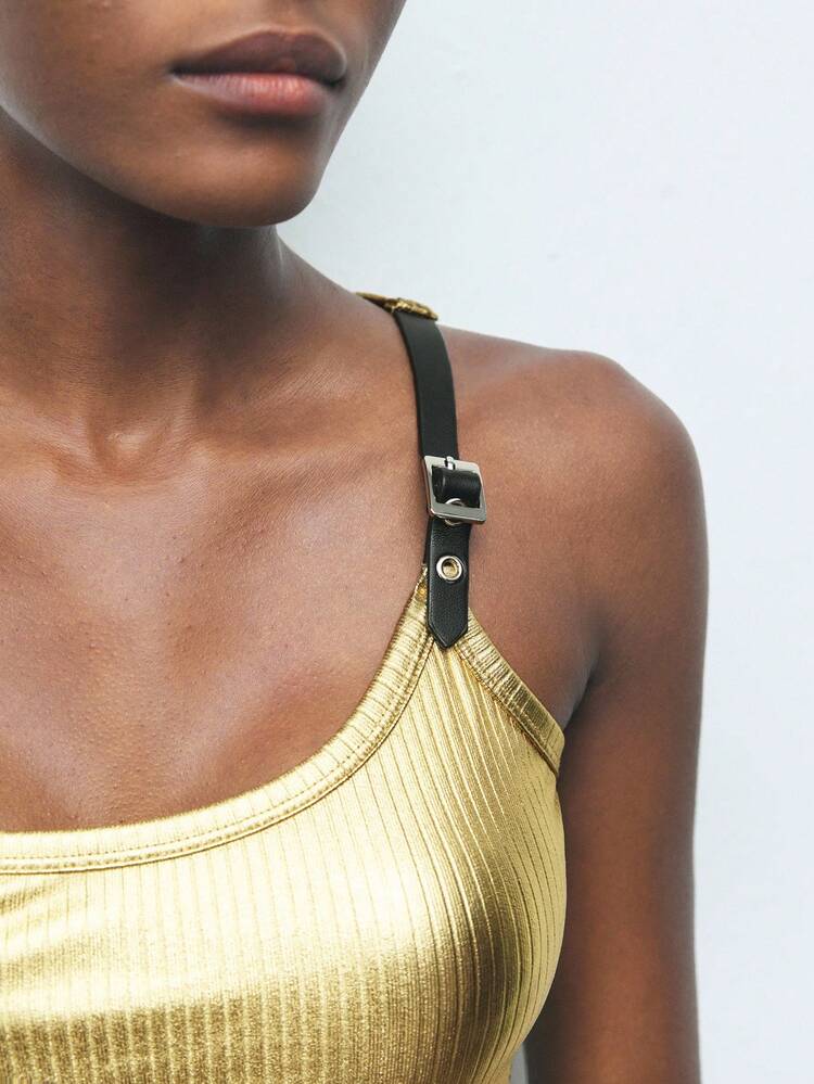 SHEIN Maija Metallic Ribbed Basic Minimalist Leather Buckle Camisole Top For Women, Chic For Party, Autumn Women Tank Top Gold Tank Top Gold Top Gold Women Top Metallic Top Halloween Clothes New Year Christmas Halloween Costume Women New Year Women Shiny Top Stylish Clothing Collection Sequin Top