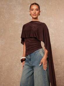 Lumalex Fall Winter Gathering Party Banquet Modest Old Money Coquette Glitter Holiday Party Rave Festival Outing Vacation Hot Outdoor Richly Layered Wedding Season Banquet Coming Of Age Ceremony Asymmetric Neck Ruched Fitted Women Blouse,Brown Top ID Al-Adha Al-Adha Party - Coffee Brown - View 7