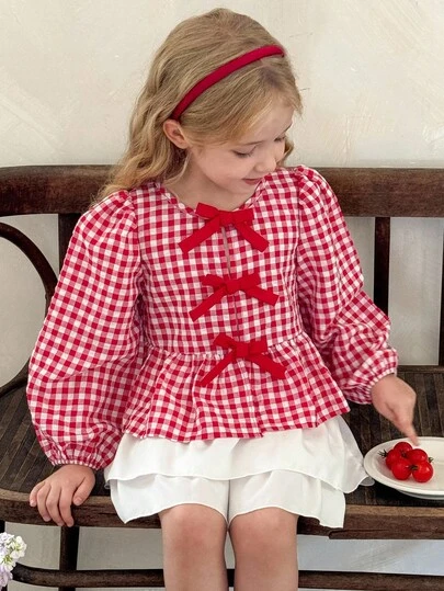 LMoss Kids LMoss  Young Girl Woven Striped Puff Sleeve Casual Shirt, Little Girl Blouse, Red Blouse For Kids,Christmas Girls Outfits,Christmas,Noël,Long Sleeve Top