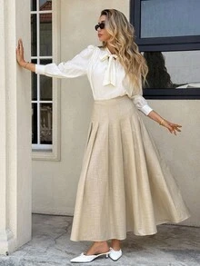 SHEIN Frenchy Chân váy midi xếp ly thanh lịch cạp cao màu trơn dành cho nữ, mùa thu - Màu be - Xem 6