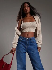 NYA SZN Women's Beige Autumn Casual Lounge Long Sleeve Bolero Cardigan Over Sleeveless Knit Crop Top,Fitted Bodycon Oversized Everyday Business Office Outfit - Apricot - View 3