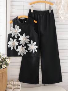 2-Piece Girls Floral Sleeveless Top And Loose Pants Fashion Set For Spring/Summer - Black - View 8