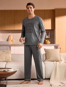 Manfinity Underwear&Sleepwear Basics Men's Round Neck Letter Print Breathable Comfortable Casual Homewear Top, Fall, Winter