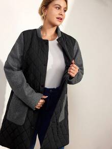 Momelise Plus Size Women Casual Contrast Color Stand Collar Long Sleeve Pocket Patchwork Quilted Metal Button Front Long Cardigan Coat, Winter - Multicolor - View 6