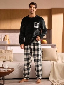 Manfinity Underwear&Sleepwear Basics Plaid Long Sleeve Top And Pants Fleece Fluffy Pajama Set For Men, Fall Winter Clothes, Cozy - Black - View 5