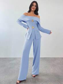 Firerie 2pcs Women Elegant Cold Shoulder Long Sleeve Top And Pants Set, Suitable For Commuting In Fall/Winter - Baby Blue - View 9