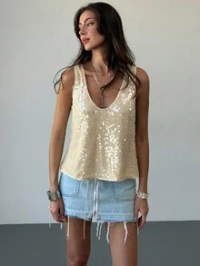 Aloruh Blusa holgada sin mangas con decoración de lentejuelas brillantes, para verano - Verde - Ver 6