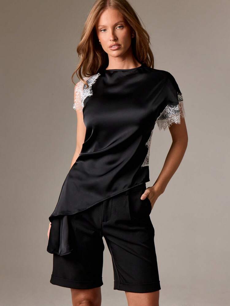 Lace Trim Asymmetrical Satin Blouse With Draped Peplum