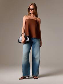 AiiRZ Áo Bandeau không dây màu nâu sô cô la có chi tiết thắt lưng cho thời trang mùa thu - màu nâu - Xem 3