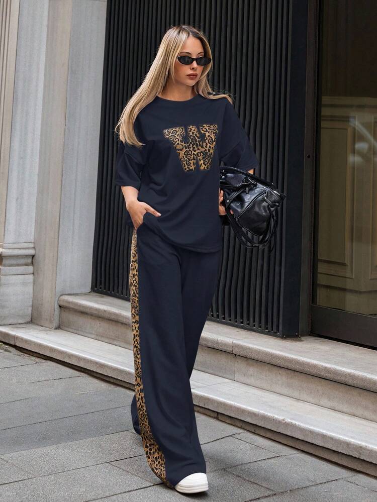 EURMUSE Woman Solid Color Leopard Patch Detailed Short Sleeve Drop Shoulder Top T-Shirt And Side Leopard Panel Detailed Wide Leg Sweatpants 2piece Outfits Co Ords Weekend Outfit Relax Comfy Leisure - Navy Blue - View 6