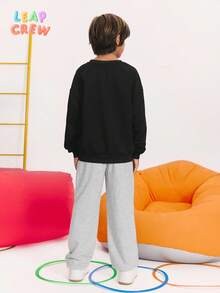 SHEIN 青少年男孩休闲宽松圆领运动衫套装 - 黑色 - 查看 6