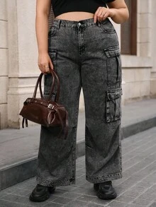 SHEIN Unity Jeans cargo de pierna ancha, corte holgado y talla grande - Negro - Ver 3