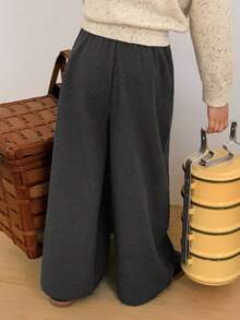 DAZY Young Girls Korean Style Woolen Wide Leg Casual Pants, Autumn/Winter - Grey - View 2