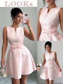 Elenzga 新款女士迷你连衣裙，采用褶皱设计，无袖，提花腰部蝴蝶结造型，修身剪裁，轻盈舒适，优雅甜美，适合春夏穿着。 - 粉色 - 查看 1