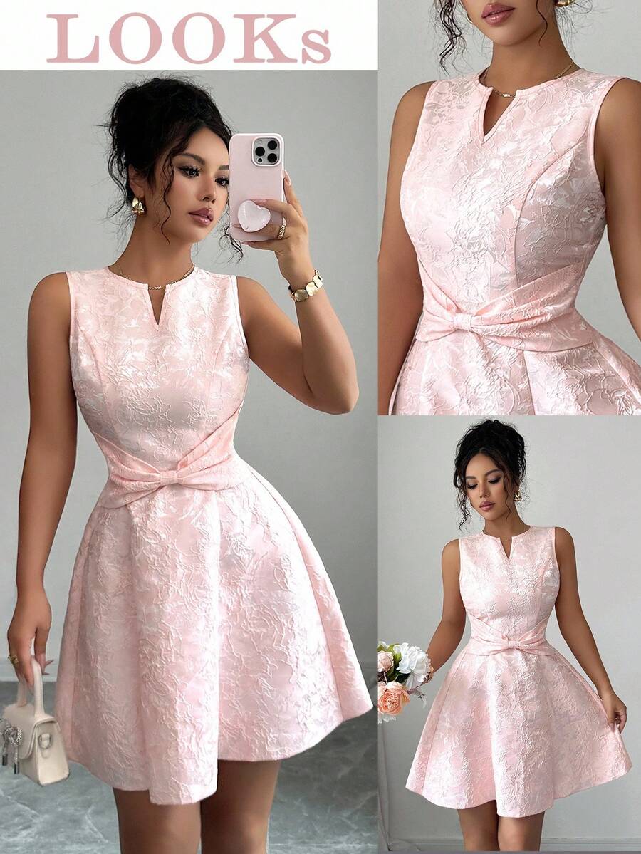 Elenzga 新款女士迷你连衣裙，采用褶皱设计，无袖，提花腰部蝴蝶结造型，修身剪裁，轻盈舒适，优雅甜美，适合春夏穿着。 - 粉色 - 查看 1