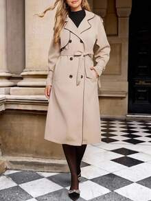 Amorya Women's Elegant Apricot Color-Block Pocket Mid-Length Trench Coat, Suitable For Daily Commute And Versatile Occasions, Autumn Trench Coats Autumn Outfits For Women   Women's Winter Coat  Chic Women's Jacket