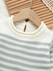 2 件婴儿针织套装：条纹圆领长袖毛衣 + 带吊带的连体裤 - 淺藍色 - 查看 5