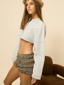 SHEIN Aralina-F Fall Winter Boxy Fit Super Cropped Light Wash Denim Zip Up Coat Perfect For Office And Christmas Day And Wedding Guest - Medium Wash - View 4