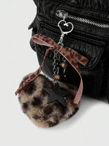 ROMWE Kawaii 1 件时尚复古个性化亚克力星花棕色仿皮草豹纹蝴蝶结心形 DIY 钥匙扣包饰，适合女性、日常佩戴、节日礼物