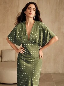 Anewsta New French Shoulder Ruched V-Neck High Waist Fitted Purple Midi Dress, Suitable For Wedding Guest, Autumn, Fall, Spring, Going Out, Elegant, Formal, Party, Chic, New Year, Christmas, Graduation - Green - View 5