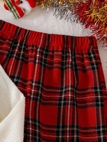 Genkimix Kids 女童可爱红色格子蝴蝶结上衣和阔腿格子裤套装 - 杏色 - 查看 4