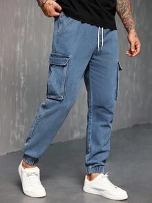 Manfinity Homme Avant-Garde Street Casual Men's Cropped Tapered Blue Denim Jeans With Cargo Pockets Men Navy Blue Denim - Blue - View 5