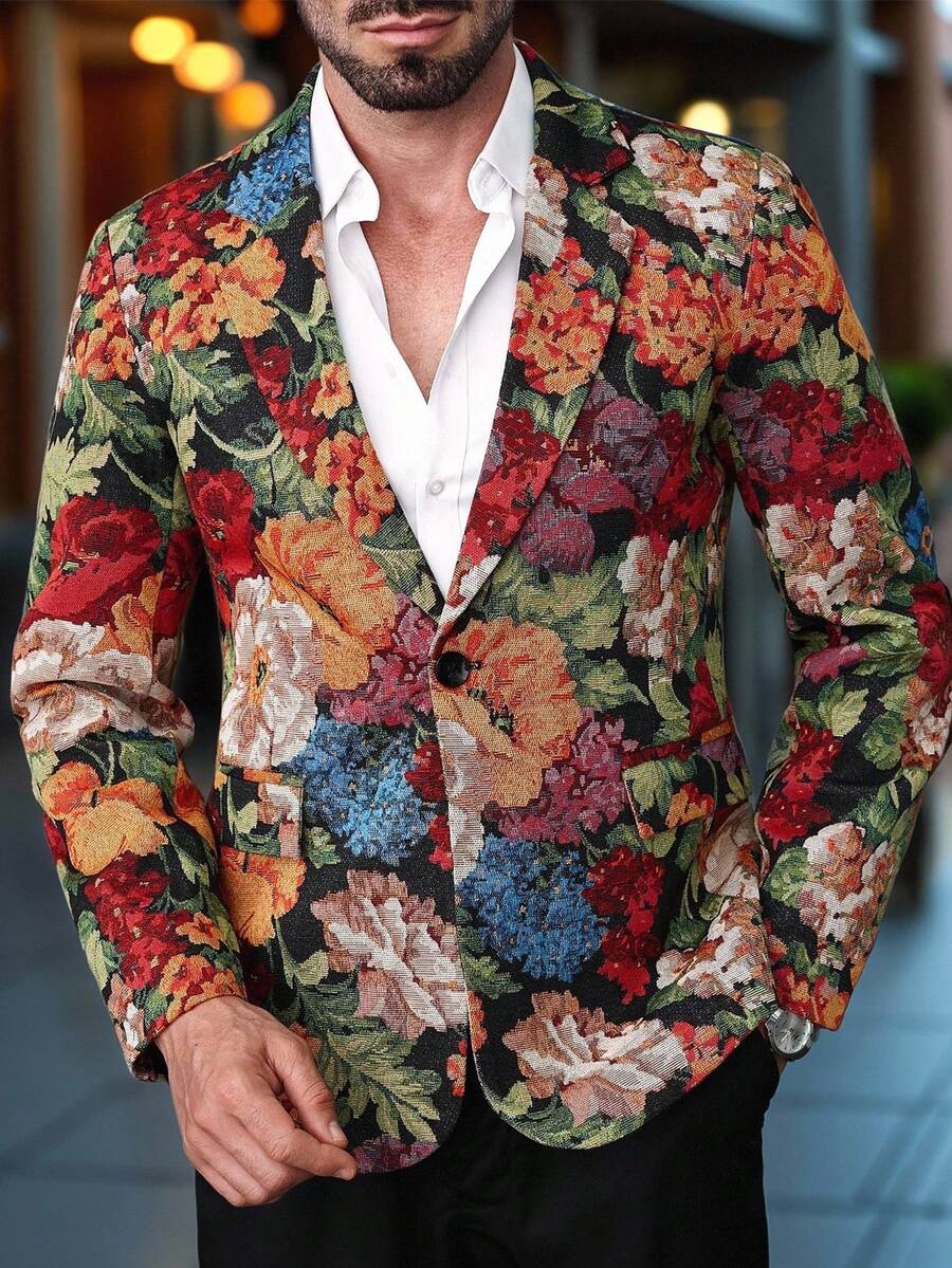 Manfinity AFTRDRK 男士花卉提花翻领长袖西装外套和裤子休闲套装花卉西装男士男士西装外套和裤子花卉男士西装男士派对装晚宴装男士 - 彩色 - 查看 1
