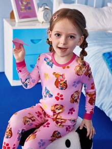 SHEIN | PAW Patrol 4 件套小女孩卡通可爱小狗爪子和彩虹条纹全身印花拼色舒适家居服睡衣套装，春秋 - 粉色 - 查看 4