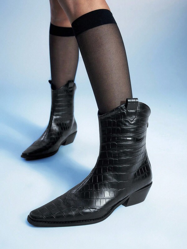 Sugerpunk Botas de tacón grueso con cremallera en la parte trasera y textura de piedra, punta puntiaguda, botines de tobillo casuales y de moda para mujeres, color negro