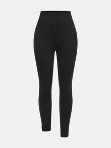 SHEIN Girlism 少女黑色纯色基本款百搭纯色松紧腰罗纹保暖内衬打底裤，秋冬 - 黑色 - 查看 6