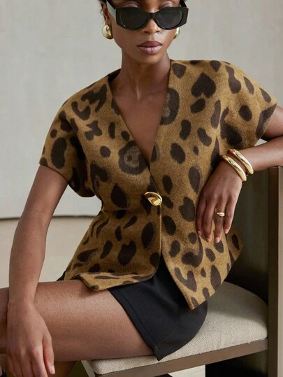 Aveloria Modichic Chaleco de mujer estampado animal de lana, con decoración de botones, diseño retro elegante, versátil para el transporte diario