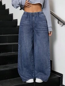 SHEIN Jeans azules de pierna recta y holgados para adolescentes - Azul lavado oscuro - Ver 1