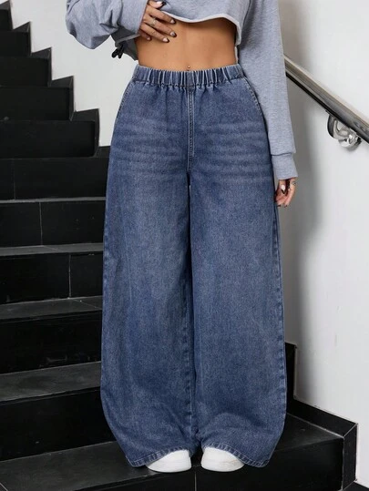 SHEIN 少女宽松直筒蓝色牛仔裤