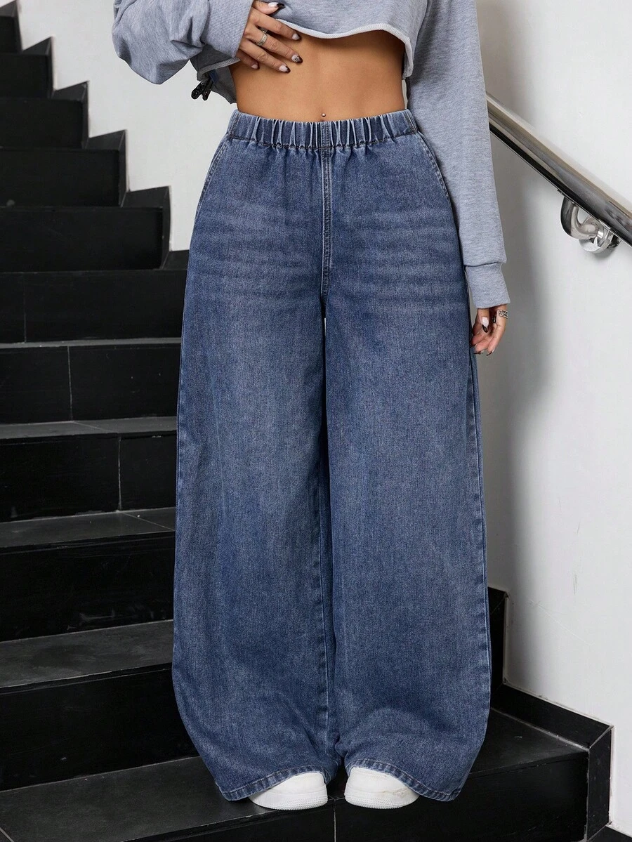 SHEIN Jeans azules de pierna recta y holgados para adolescentes - Azul lavado oscuro - Ver 1