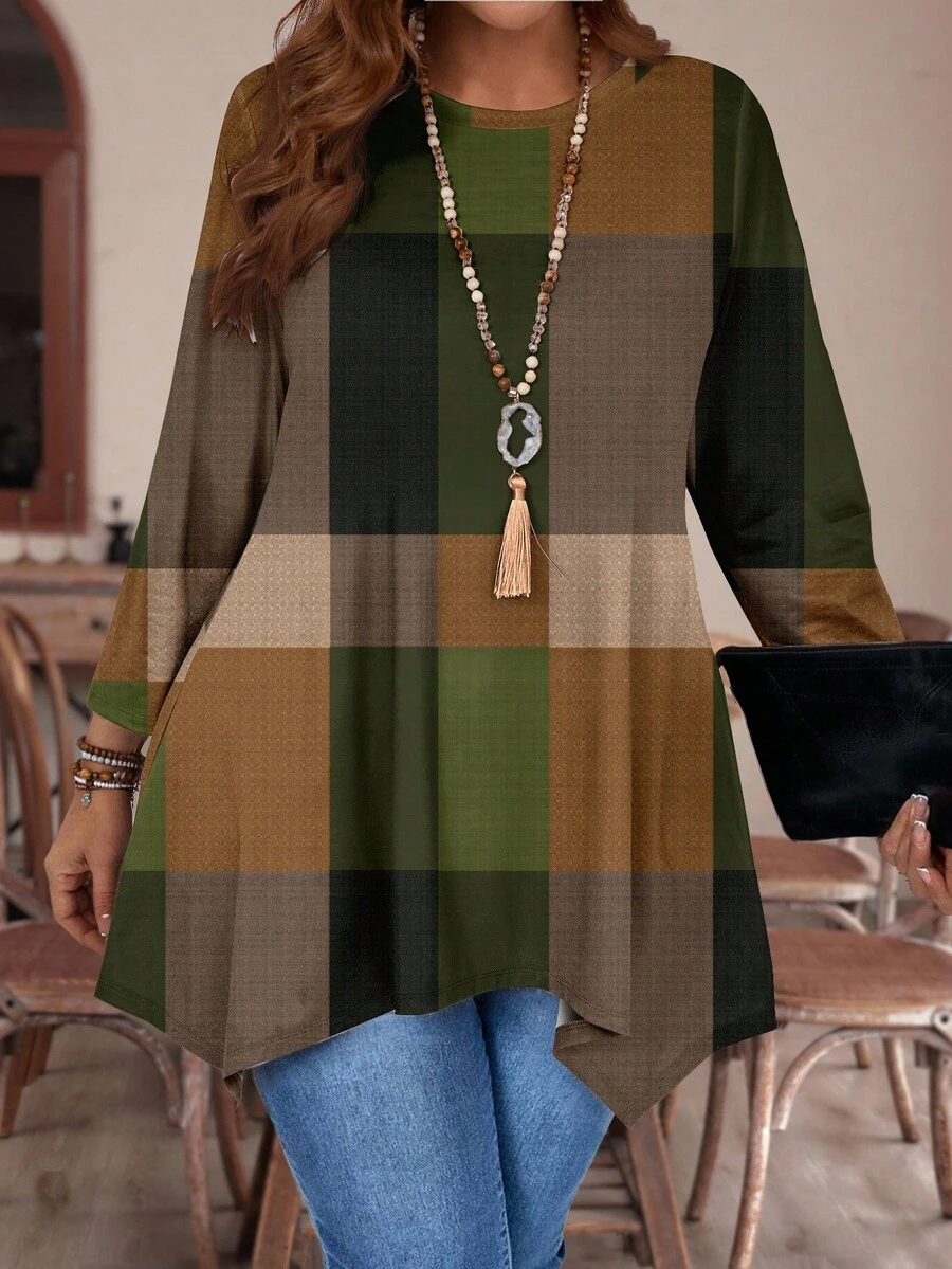 Mellowie Casual Asymmetrical Plaid Print Loose Long Sleeve T-Shirt For Plus Size, Spring & Autumn And Winter