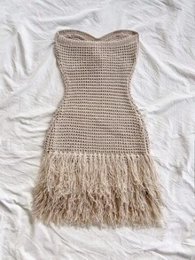 Soleia 女士度假针织纹理金属流苏迷你连衣裙，性感派对约会海滩度假夏季服装，适合度假约会、下午茶、婚礼季节、海滩游轮度假、城市公路旅行度假、波西米亚风度假、音乐节流苏连衣裙米色连衣裙钩针连衣裙 - 鏽棕色 - 查看 2