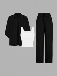 SHEIN LUNE 2024 新款三件套女士秋季穿搭：别致的梅拉德衬衫、修身阔腿裤、时尚西装外套 - 黑與白 - 查看 5