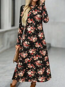 EMERY ROSE All-Over Print Casual Long Sleeve Waist Cinched Women Long Dress - Multicolor - View 3