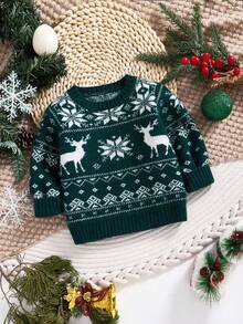 SHEIN 4件套男婴亲子装，绿色小鹿雪花提花图案宽松套头毛衣，加厚保暖内衬，适合圣诞节和冬季穿着。 - 綠色 - 查看 5