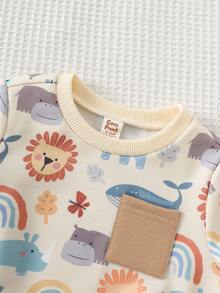 Cozy Pixies 2 pezzi Set di maglioncino girocollo a maniche lunghe e pantaloni in vita elastica con stampa di animali cartoni animati per bambino