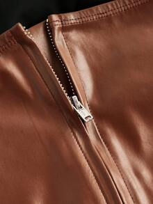 Firerie 女士优雅秋冬 PU 不对称紧身肩上衣，适合日常生活、通勤、约会和万圣节、圣诞节 - 棕色 - 查看 4