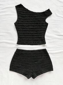 Soleia Women's Vacation Spring/Summer 2 Pieces Set: Red & White Striped Knit Asymmetrical Shoulder Crop Top And Super Low-Rise Bodycon Shorts, Suitable For Party, Christmas, Valentine's Day, Date, Beach, Cruise, Carnival, Easter, Chinese New Year