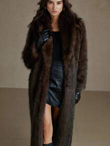 Aveloria Rosie 优雅复古深咖啡色人造皮草大衣，披肩领收腰设计凸显优雅轮廓，长款散发精致气质，适合正式活动和派对 - 彩色 - 查看 2