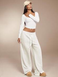 SHEIN Forever 21 白色基础款运动裤 女式运动套装 健身女式 机场女式阔腿运动裤 外出 - 淺灰色 - 查看 3