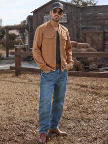 Manfinity Nomadique Men's Casual Commuter Solid Color Baseball Collar Jacket Men Brown Jacket Men Casual Jacket Brown Suede Jacket Men Cowboy Style Jacket, Fall Winter - Brown - View 3